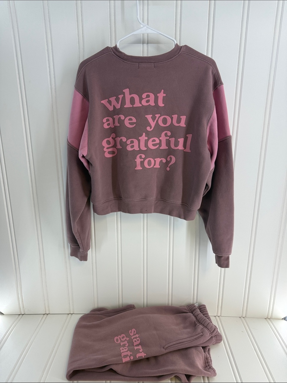 Start With Gratitude Pink Accent Mauve Crewneck Sweatshirt and Sweatpants - Picture 3 of 4